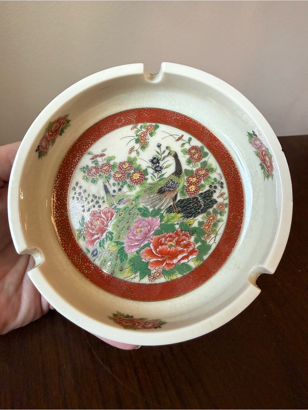 Satsuma Peacock Floral Ceramic Ashtray Made In Japan Vintage Trinket Bowl Ornate